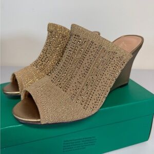 Lauren Lorraine Shoes Womens Size 9 Gold Martha Wedge Heels Sparkle Slide